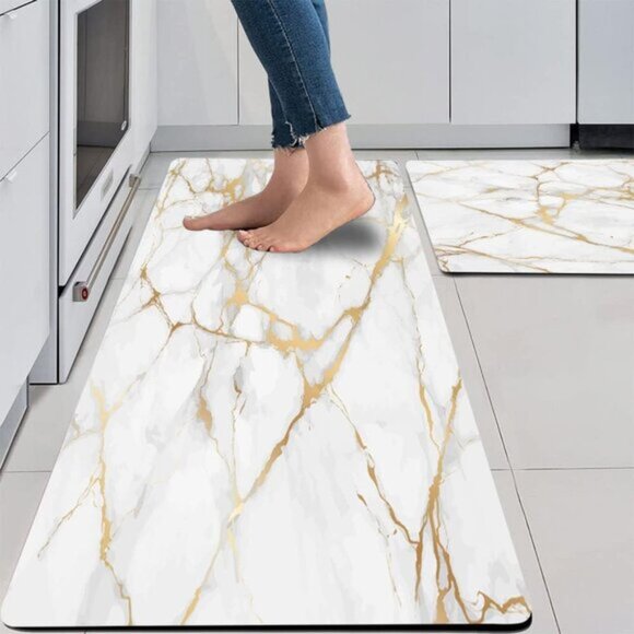 New 2 PCS Marble Kitchen Mats PVC Non Slip Waterproof Kitchen Mats - Picture 2 of 6
